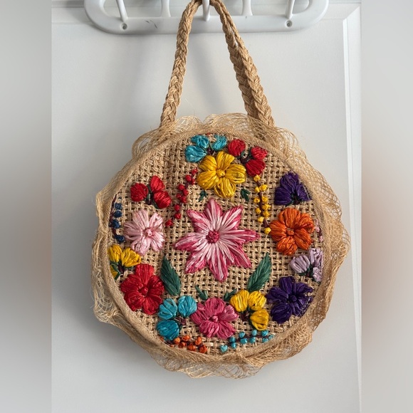 Floral Embroidered Straw Tote Bag - Picture 2 of 8